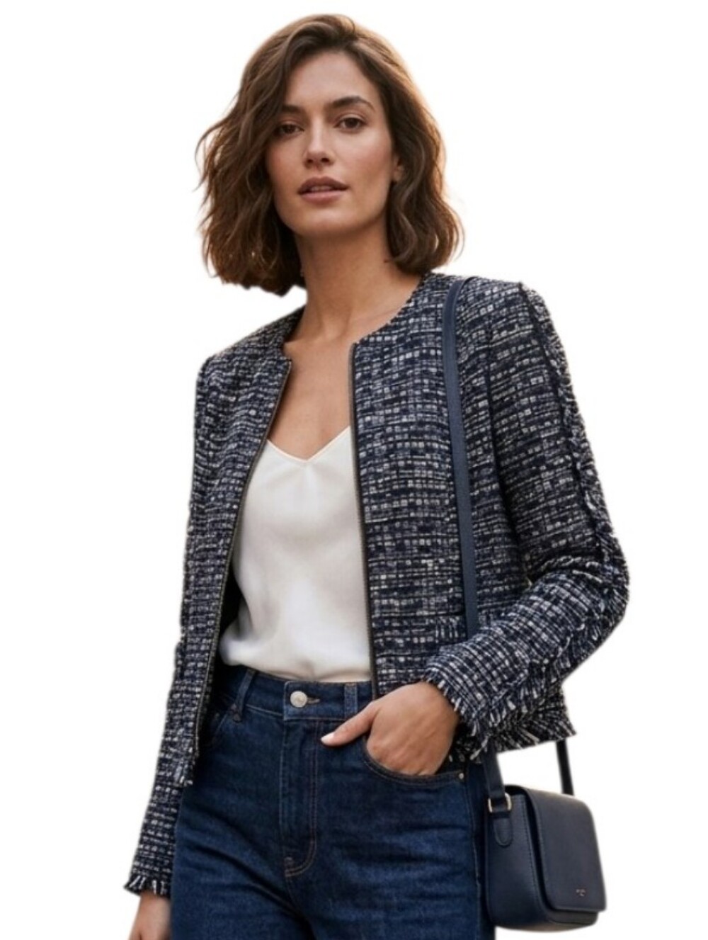Banana Republic Tweed Zip Up Fringe Navy Off white Cotton Blend Jacket Blazer 4